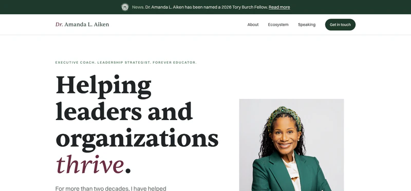 Dr. Amanda L. Aiken: personal website for an executive coach and leadership strategist, bringing together her story, her speaking, and the three organizations she leads.
