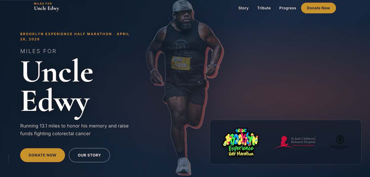 Miles for Uncle Edwy — Brooklyn Half Marathon fundraising website honoring a family member, with photo slideshow and live donation integration.