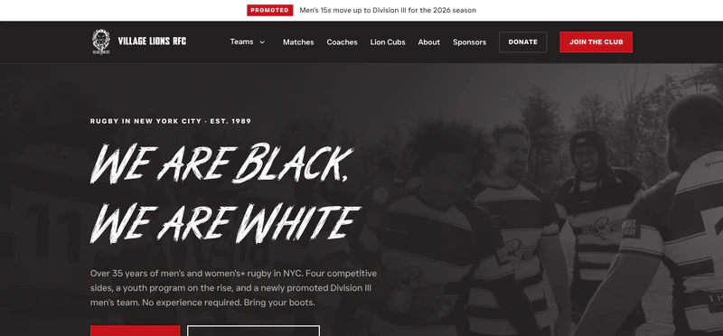 Village Lions RFC: website for a New York City rugby club, with team pages, a match schedule, training locations, and donations.